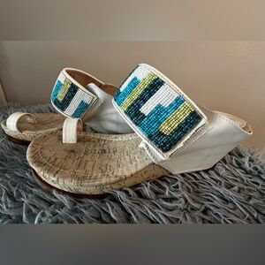 Donald Pliner Greer White Beaded Wedge Sandals with Beaded Accents Size 7.5